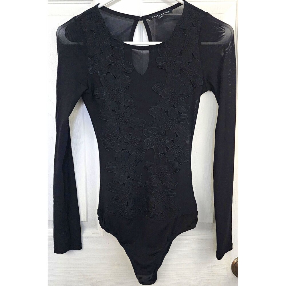 Haute Monde Women's Black Floral Lace Long Sleeve Bodysuit Sheer Stretch S